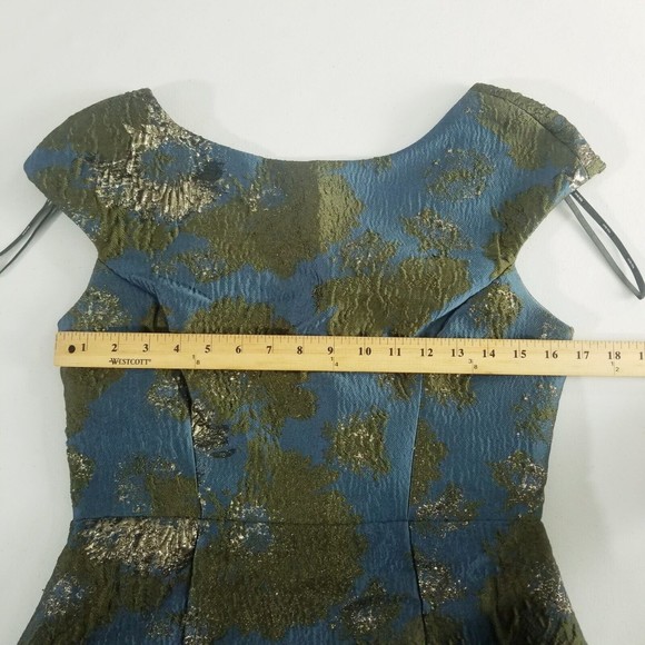 Vera Wang Brocade Dress Women Size 6 Dark Teal Green Metallic V-cut Back Lined - Picture 6 of 16